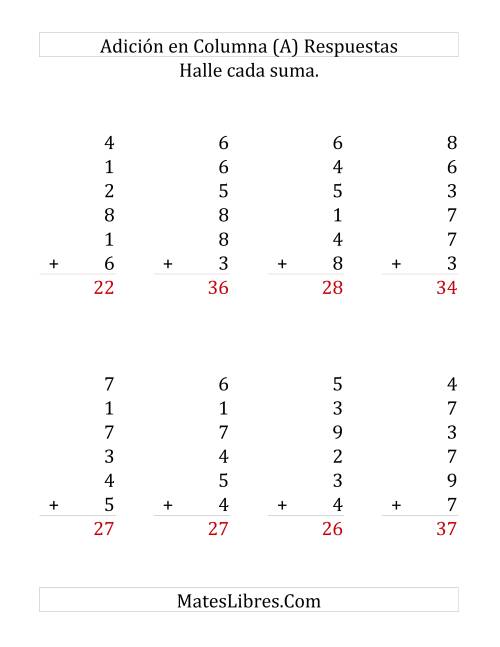 La hoja de ejercicios de Suma en Columna, Seis Números de Un Dígito (Grande) Página 2