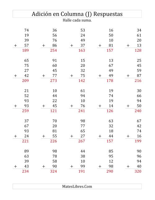 La hoja de ejercicios de Suma en Columna, Cuatro Números de Dos Dígitos (J) Página 2