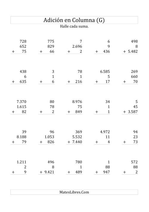 La hoja de ejercicios de Suma en Columna, Tres Números de Varios Dígitos (G)