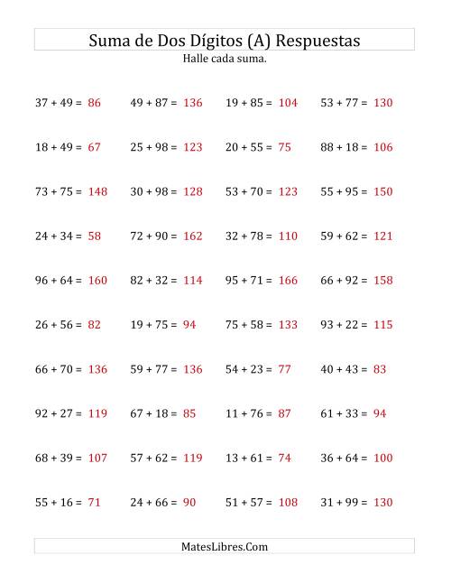 La hoja de ejercicios de Suma Horizontal de Dos Dígitos con Alguna Reagrupación (A) Página 2
