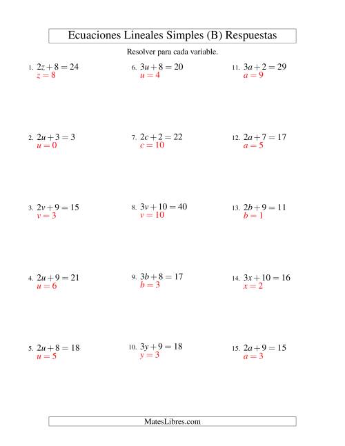 La hoja de ejercicios de Resolver Ecuaciones Lineales de la Forma ax + b = c sin Valores Negativos (B) Página 2