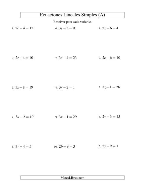 La hoja de ejercicios de Resolver Ecuaciones Lineales de la Forma ax - b = c sin Valores Negativos (A)
