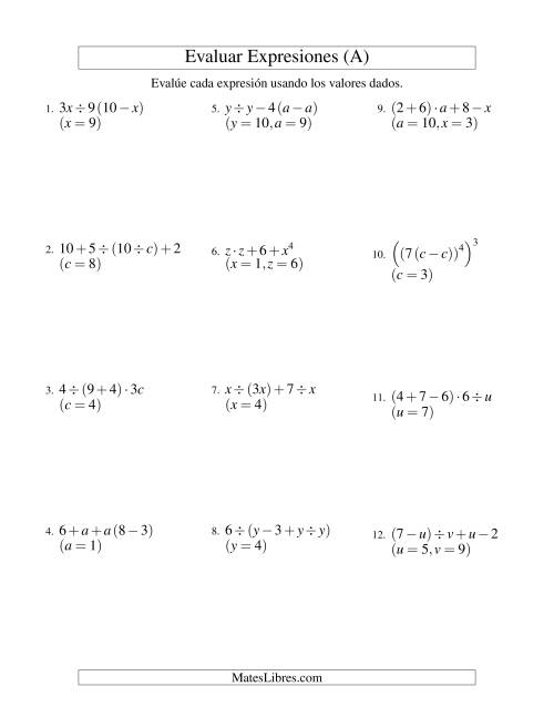 La hoja de ejercicios de Evaluar Expresiones Algebraicas, Tres Variables, Cuatro Pasos (A)