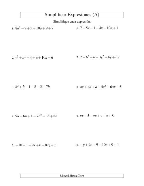 La hoja de ejercicios de Simplificar Expresiones Algebraicas, Suma y Resta, Dos Variables, Seis Términos (A)