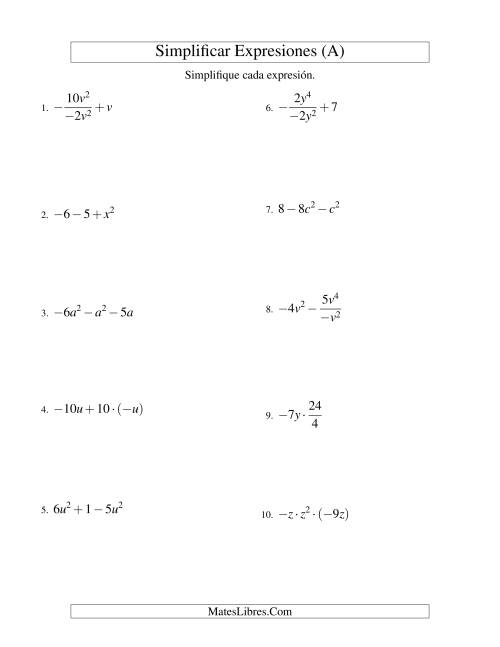 La hoja de ejercicios de Simplificar Expresiones Algebraicas, Todas las Operaciones, Una Variable, Tres Términos (A)