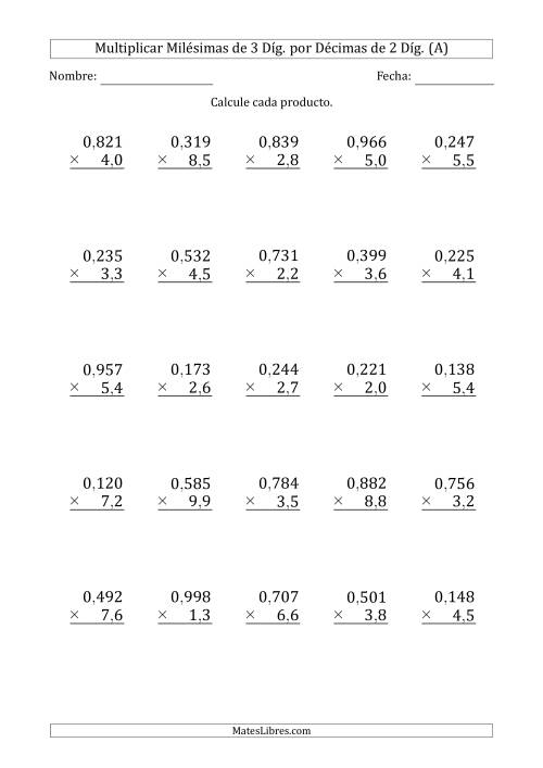 La hoja de ejercicios de Multiplicar Milésimas de 3 Díg. por Décimas de 2 Díg. (A)