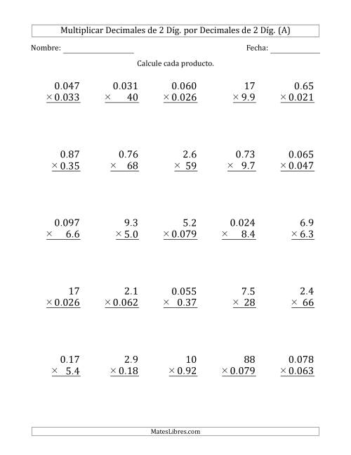 La hoja de ejercicios de Multiplicar Decimales de 2 Díg. por Decimales de 2 Díg. (A)