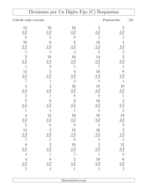 La hoja de ejercicios de Divisiones por 2, Cocientes entre 0 y 9 (C) Página 2