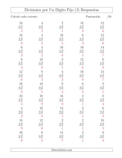 La hoja de ejercicios de Divisiones por 2, Cocientes entre 0 y 9 (J) Página 2