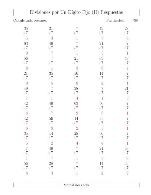 La hoja de ejercicios de Divisiones por 7, Cocientes entre 0 y 9 (H) Página 2