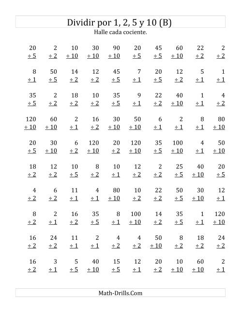 La hoja de ejercicios de Divisiones Básicas por 1, 2, 5 y 10 (B)