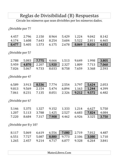 La hoja de ejercicios de Reglas de Divisibilidad por Números de 2 a 10 (B) Página 2