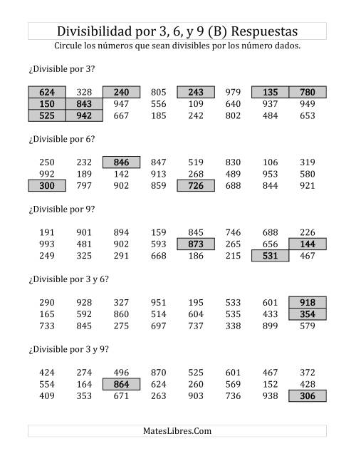 La hoja de ejercicios de Reglas de Divisibilidad por 3, 6 y 9 (B) Página 2
