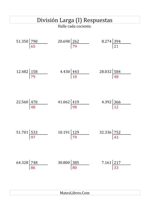 La hoja de ejercicios de División Larga en Formato Europeo -- Divisor de 3 Dígitos, Cociente de 2 Dígitos, Sin Resto (I) Página 2