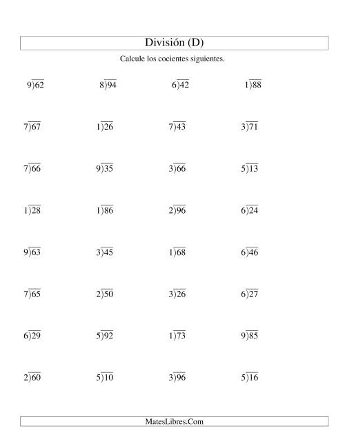La hoja de ejercicios de División Larga con Cociente Decimal, Divisor de 1 Dígito, Dividendo de 2 Dígitos (D)