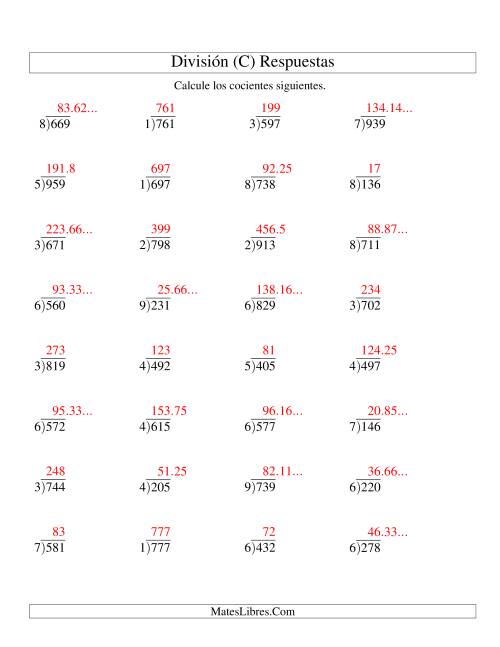 La hoja de ejercicios de División Larga con Cociente Decimal, Divisor de 1 Dígito, Dividendo de 3 Dígitos (C) Página 2