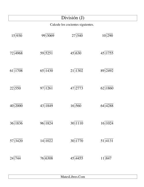 La hoja de ejercicios de División Larga sin Resto, Divisor de 2 Dígitos, Cociente de 2 Dígitos (J)