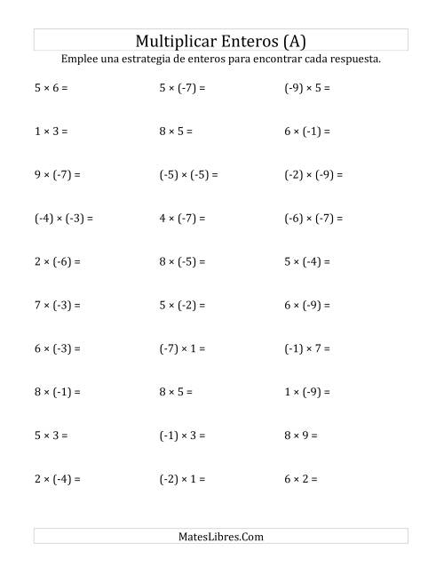 La hoja de ejercicios de Multiplicación de Enteros, Rango de (-9) a 9 (A)