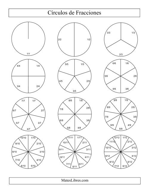 La hoja de ejercicios de Círculos en Blanco y Negro de Fracciones con Etiquetas (Pequeño) (F)