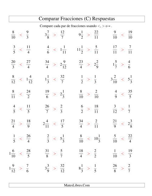 La hoja de ejercicios de Comparar Fracciones Simples, Impropias y Mixtas a Doceavos (C) Página 2