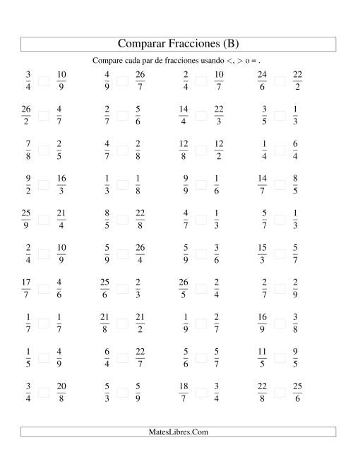 La hoja de ejercicios de Comparar Fracciones Simples e Impropias a Novenos (B)