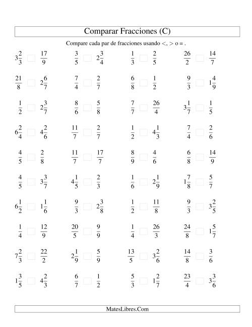 La hoja de ejercicios de Comparar Fracciones Simples, Impropias y Mixtas a Novenos (C)