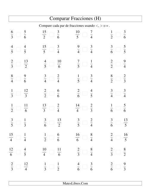 La hoja de ejercicios de Comparar Fracciones Simples e Impropias a Sextos (H)