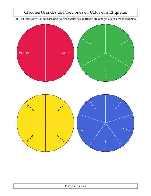 La hoja de ejercicios de Círculos Grandes de Fracciones en Color con Etiquetas