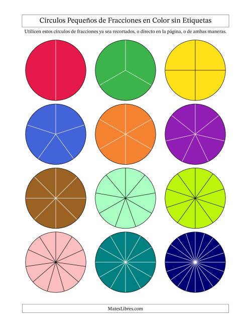 La hoja de ejercicios de Círculos Pequeños de Fracciones en Color sin Etiquetas