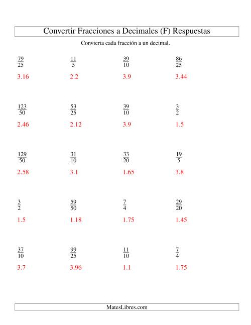 La hoja de ejercicios de Convertir Fracciones Impropias en Decimales (F) Página 2