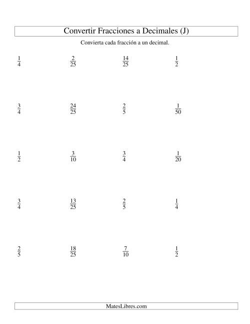 La hoja de ejercicios de Convertir Fracciones Propias en Decimales (J)