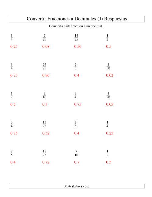 La hoja de ejercicios de Convertir Fracciones Propias en Decimales (J) Página 2