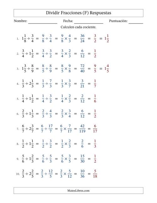 La hoja de ejercicios de Dividir fracciones propias y mixtas y con simplificación en todas (Rellenable) (F) Página 2