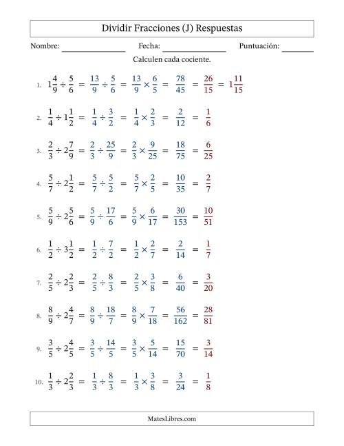 La hoja de ejercicios de Dividir fracciones propias y mixtas y con simplificación en todas (Rellenable) (J) Página 2