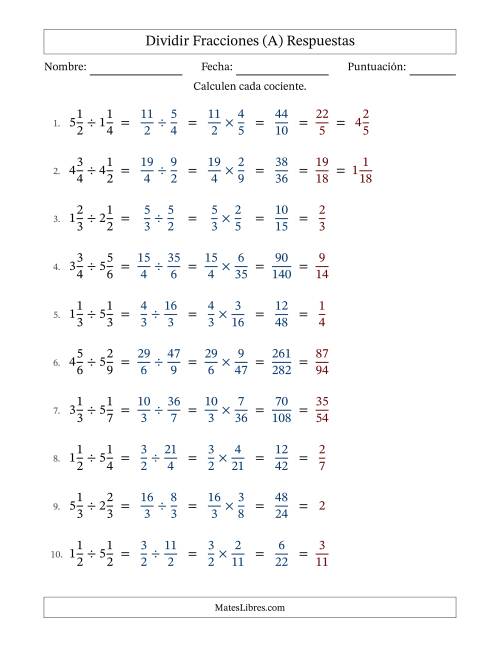 La hoja de ejercicios de Dividir Two fracciones mixtas y con simplificación en todas (Rellenable) (A) Página 2