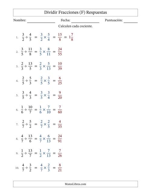 La hoja de ejercicios de Dividir fracciones propias e impropias y sin simplificación (Rellenable) (F) Página 2