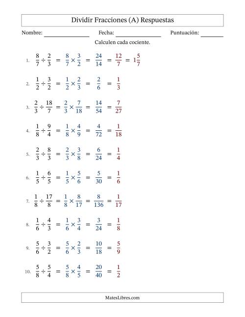 La hoja de ejercicios de Dividir fracciones propias e impropias y con simplificación en todas (Rellenable) (A) Página 2
