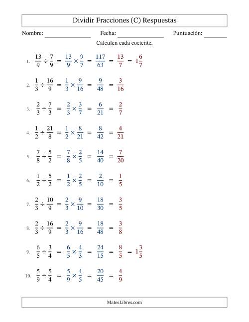 La hoja de ejercicios de Dividir fracciones propias e impropias y con simplificación en todas (Rellenable) (C) Página 2