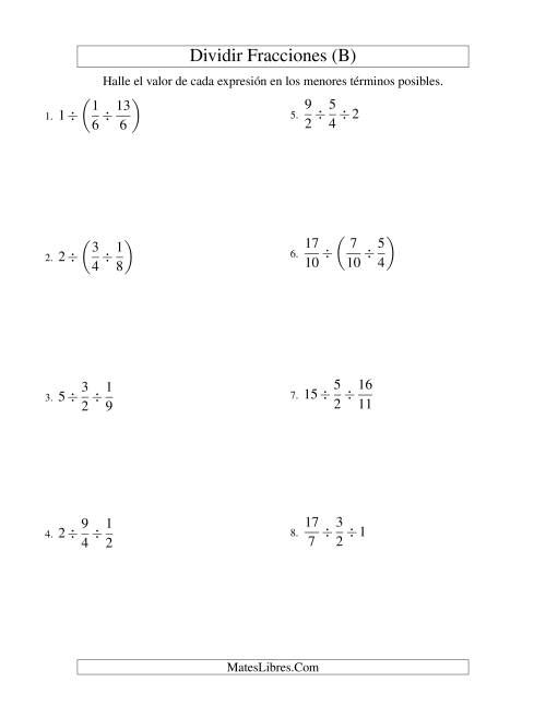 La hoja de ejercicios de Dividir Tres Fracciones con Algunos Números Enteros (B)