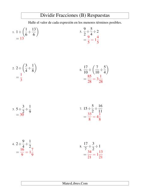 La hoja de ejercicios de Dividir Tres Fracciones con Algunos Números Enteros (B) Página 2