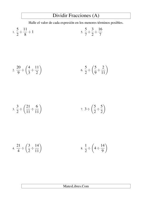 La hoja de ejercicios de Dividir Tres Fracciones con Algunos Números Enteros (Todas)