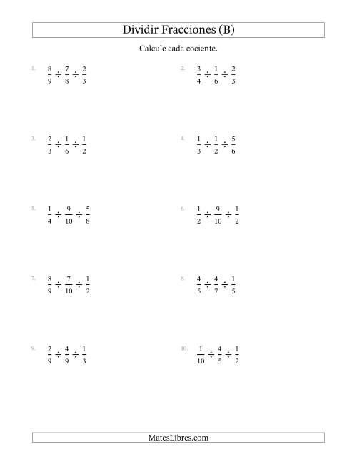 La hoja de ejercicios de Dividir Tres Fracciones Propias y (B)