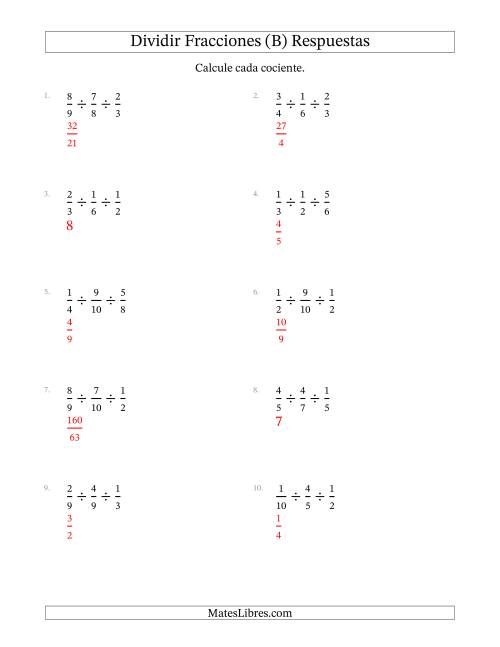 La hoja de ejercicios de Dividir Tres Fracciones Propias y (B) Página 2