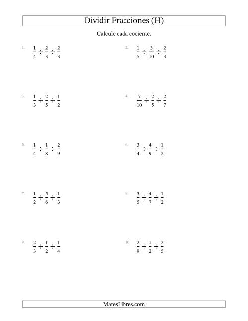 La hoja de ejercicios de Dividir Tres Fracciones Propias y (H)