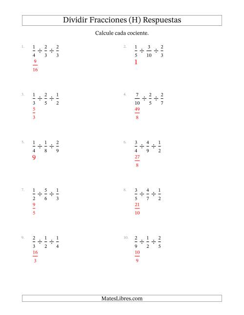 La hoja de ejercicios de Dividir Tres Fracciones Propias y (H) Página 2