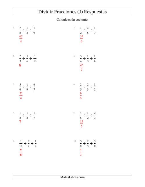 La hoja de ejercicios de Dividir Tres Fracciones Propias y (J) Página 2