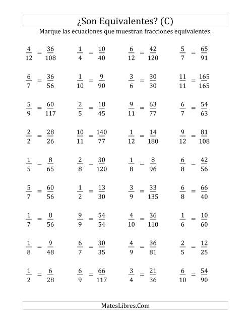 La hoja de ejercicios de ¿Son estas fracciones equivalentes? (Numerador de 5 a 15) (C)