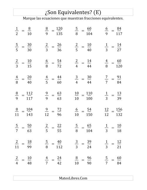 La hoja de ejercicios de ¿Son estas fracciones equivalentes? (Numerador de 5 a 15) (E)