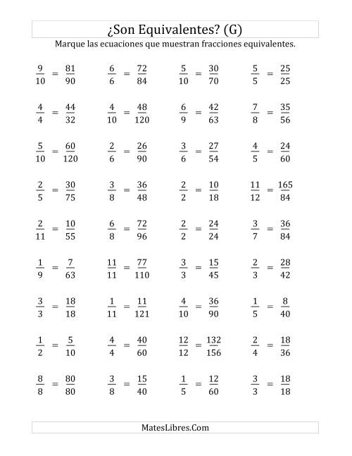 La hoja de ejercicios de ¿Son estas fracciones equivalentes? (Numerador de 5 a 15) (G)