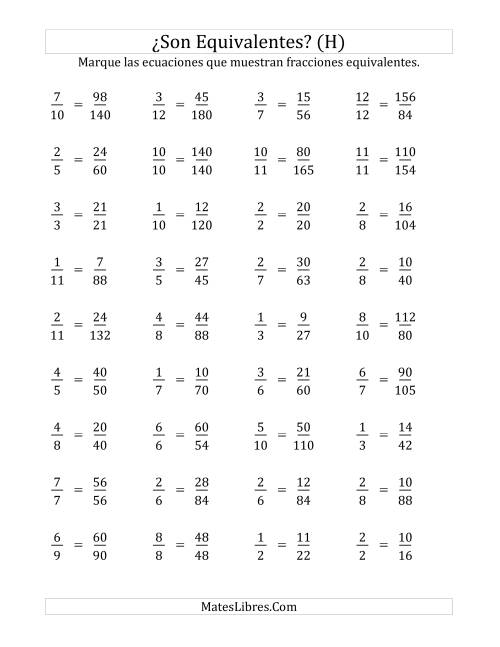 La hoja de ejercicios de ¿Son estas fracciones equivalentes? (Numerador de 5 a 15) (H)